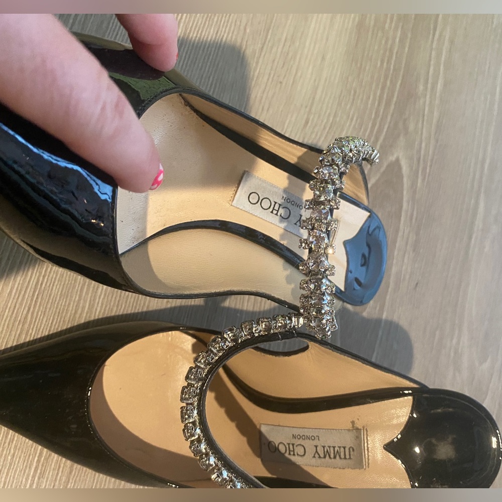Jimmy Choo Black Patent Pointed Toe Pumps with Crystal Straps